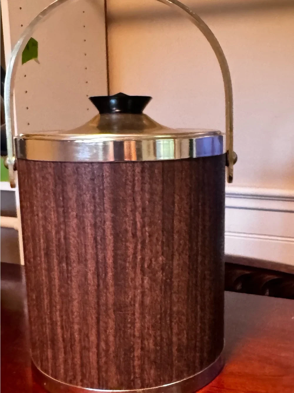 Vintage Mid Century Faux Woodgrain Ice Bucket with Chrome Handle & Lid Barware
